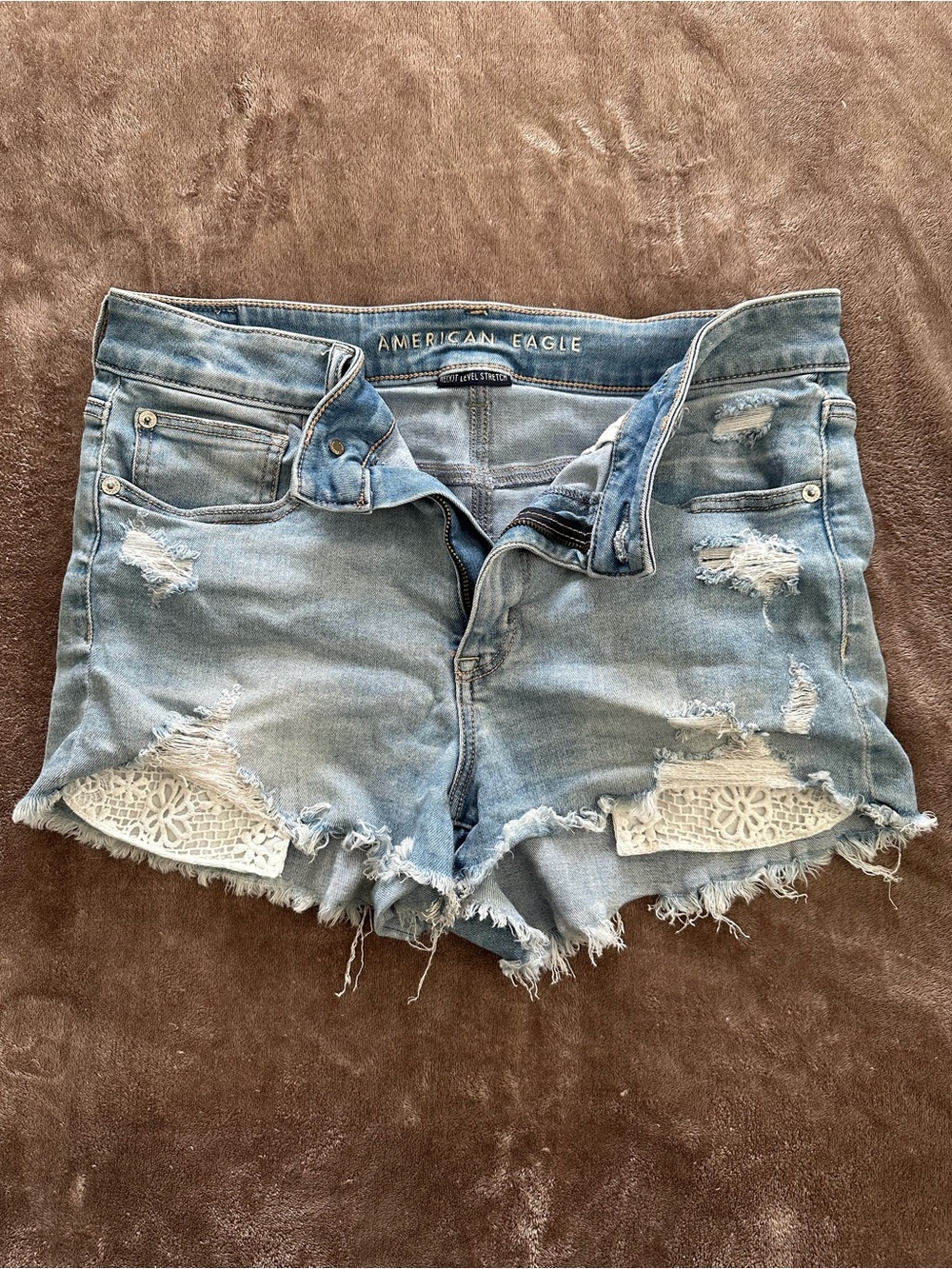 American Eagle Outfitters Light Blue Distressed Lace Trim Denim Shorts
